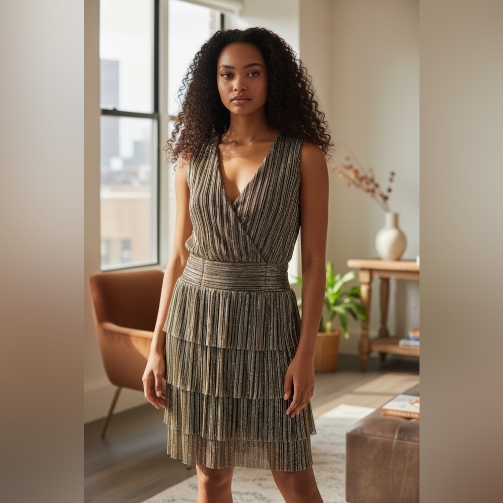 Connected Apparel Metallic Pleated Tiered Cocktail Dress Size 14